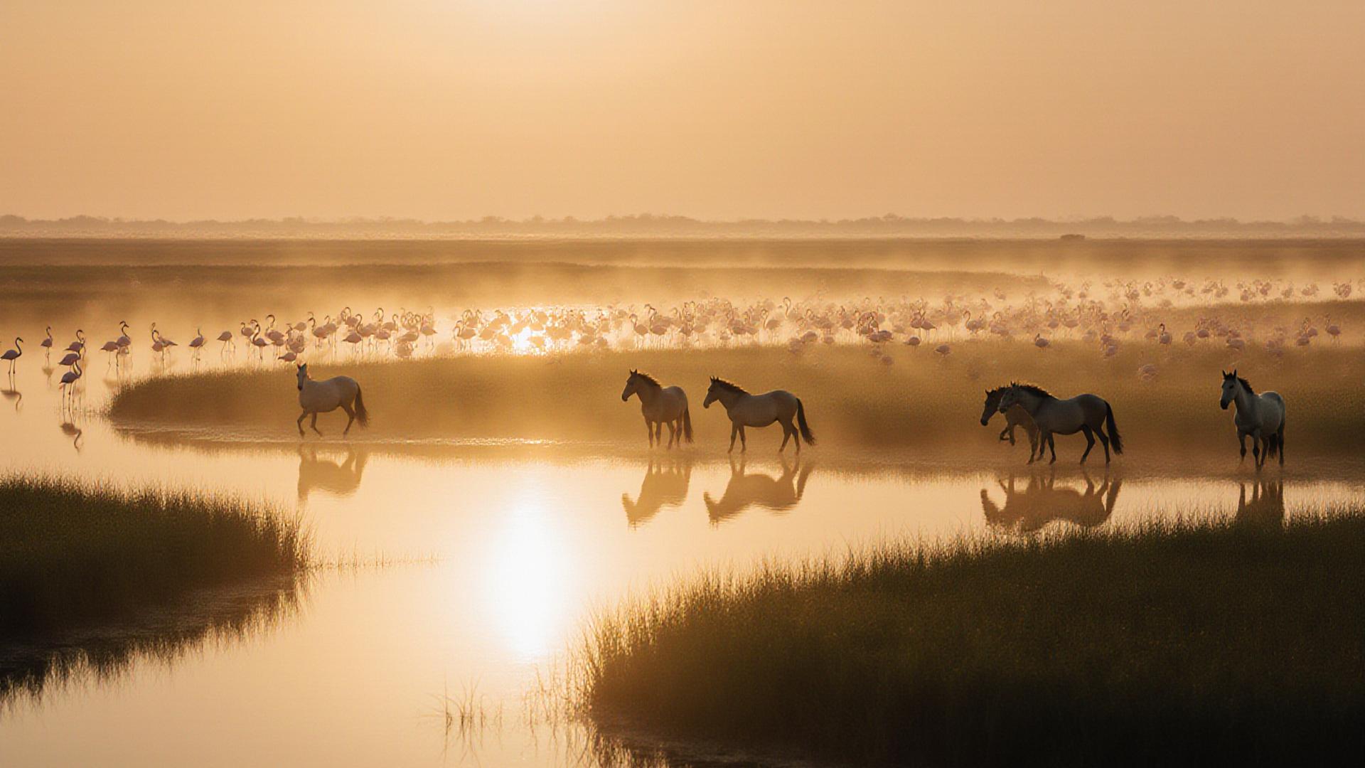 Paisaje cinematográfico de las marismas de Doñana al amanecer