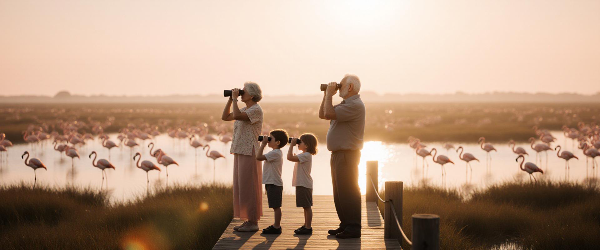 Tres generaciones de una familia observando aves en un humedal español bajo el sol del atardecer